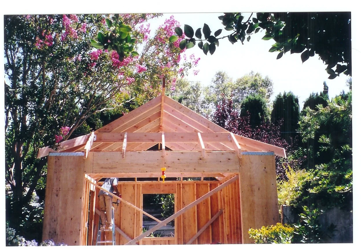 Garage framing with sheathing applied